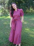 ENTRO- Plum & Orange Striped Cotton Midi Dress