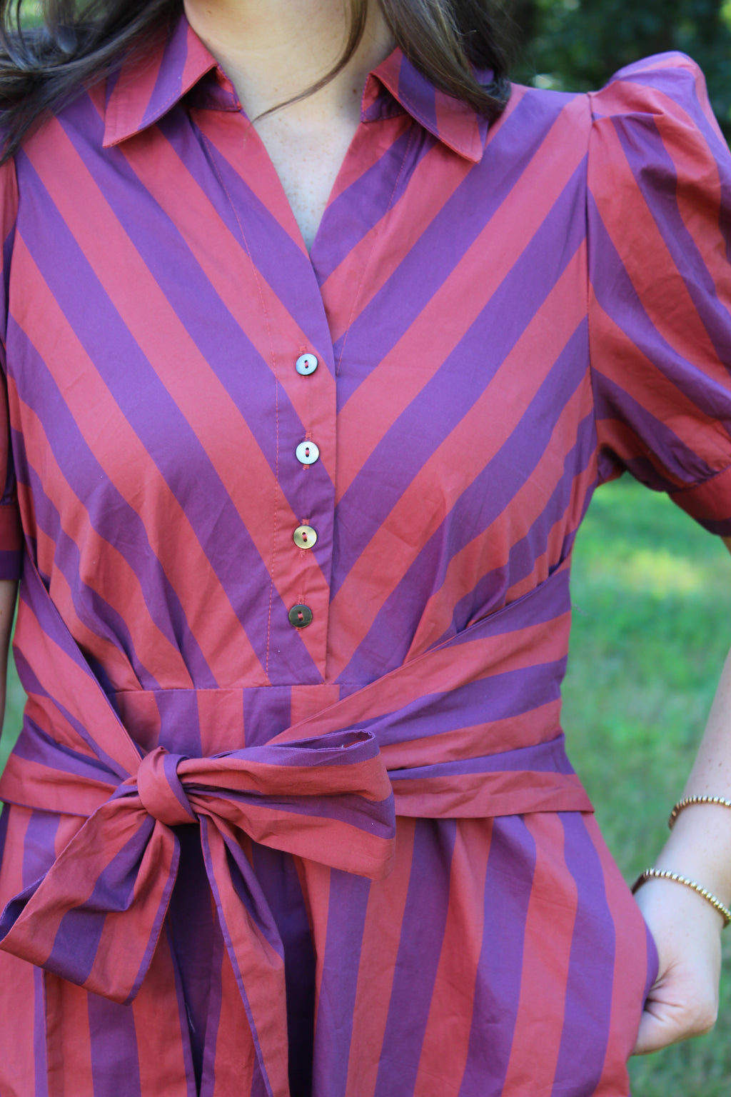 ENTRO- Plum & Orange Striped Cotton Midi Dress