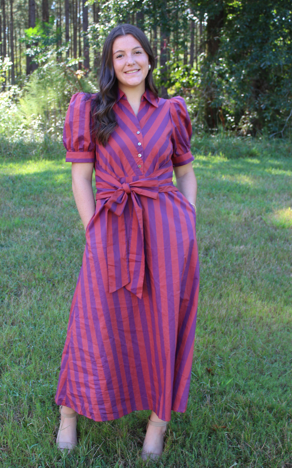 ENTRO- Plum & Orange Striped Cotton Midi Dress