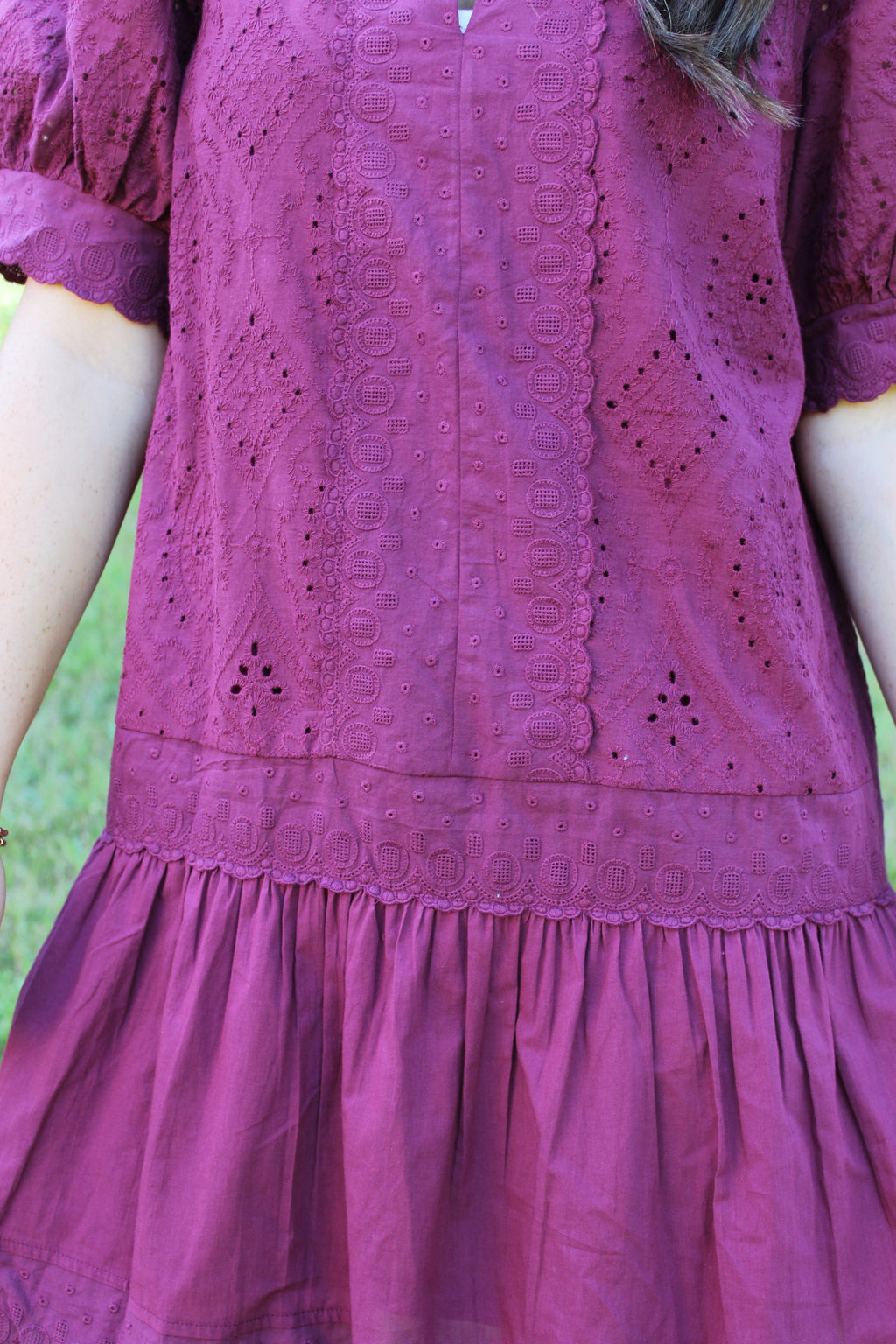 Wine Puffed Sleeve Dress