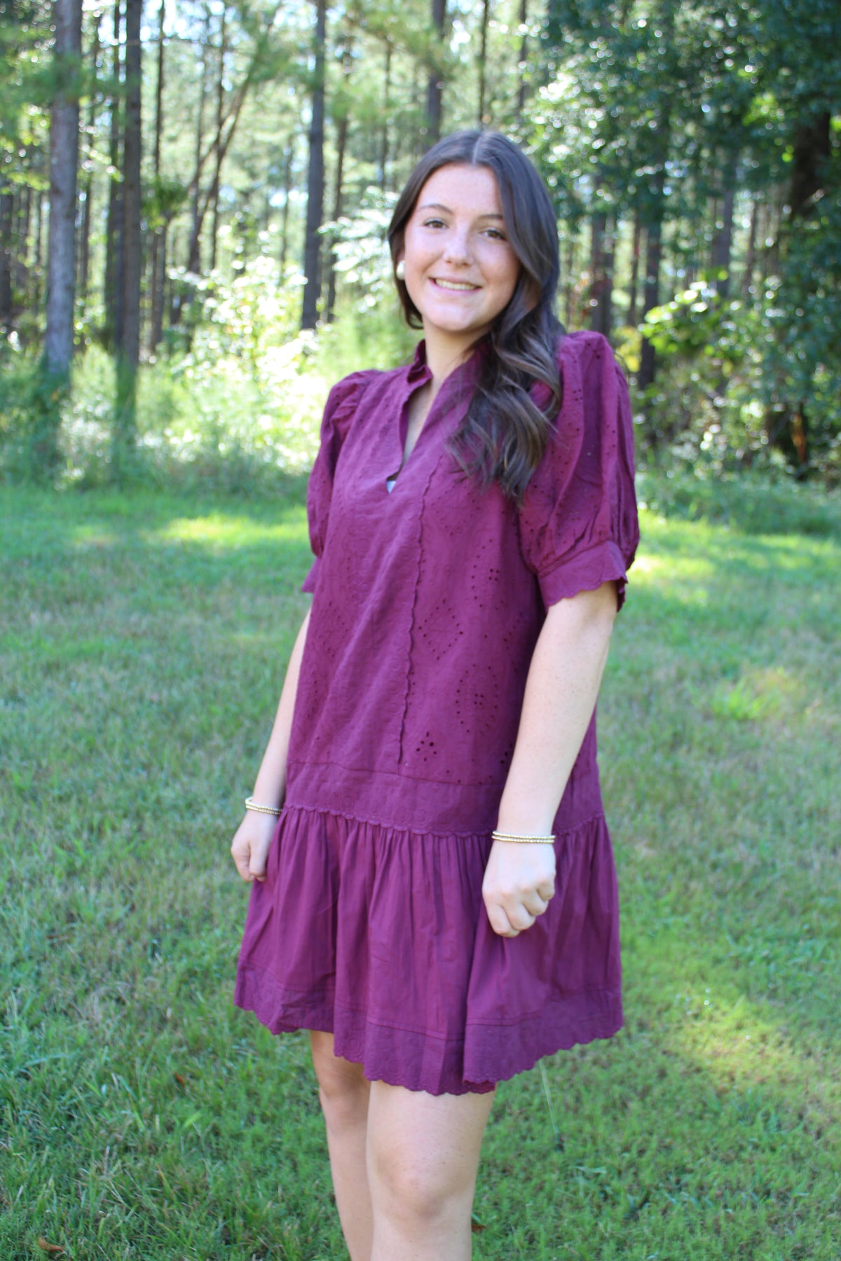 Wine Puffed Sleeve Dress