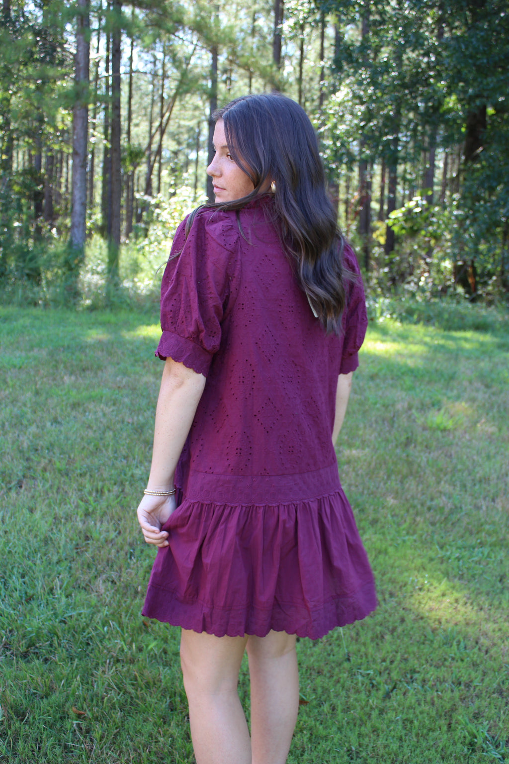 Wine Puffed Sleeve Dress