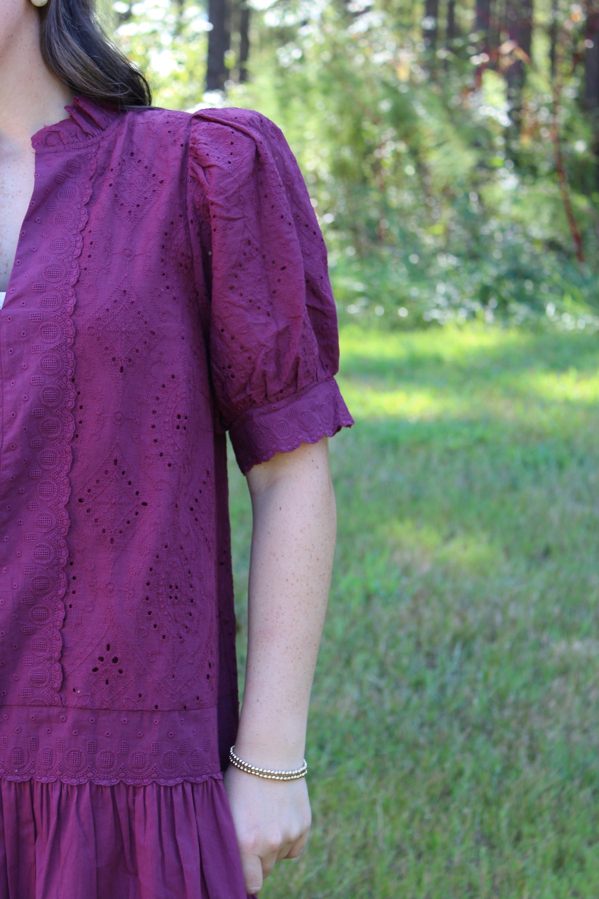 Wine Puffed Sleeve Dress