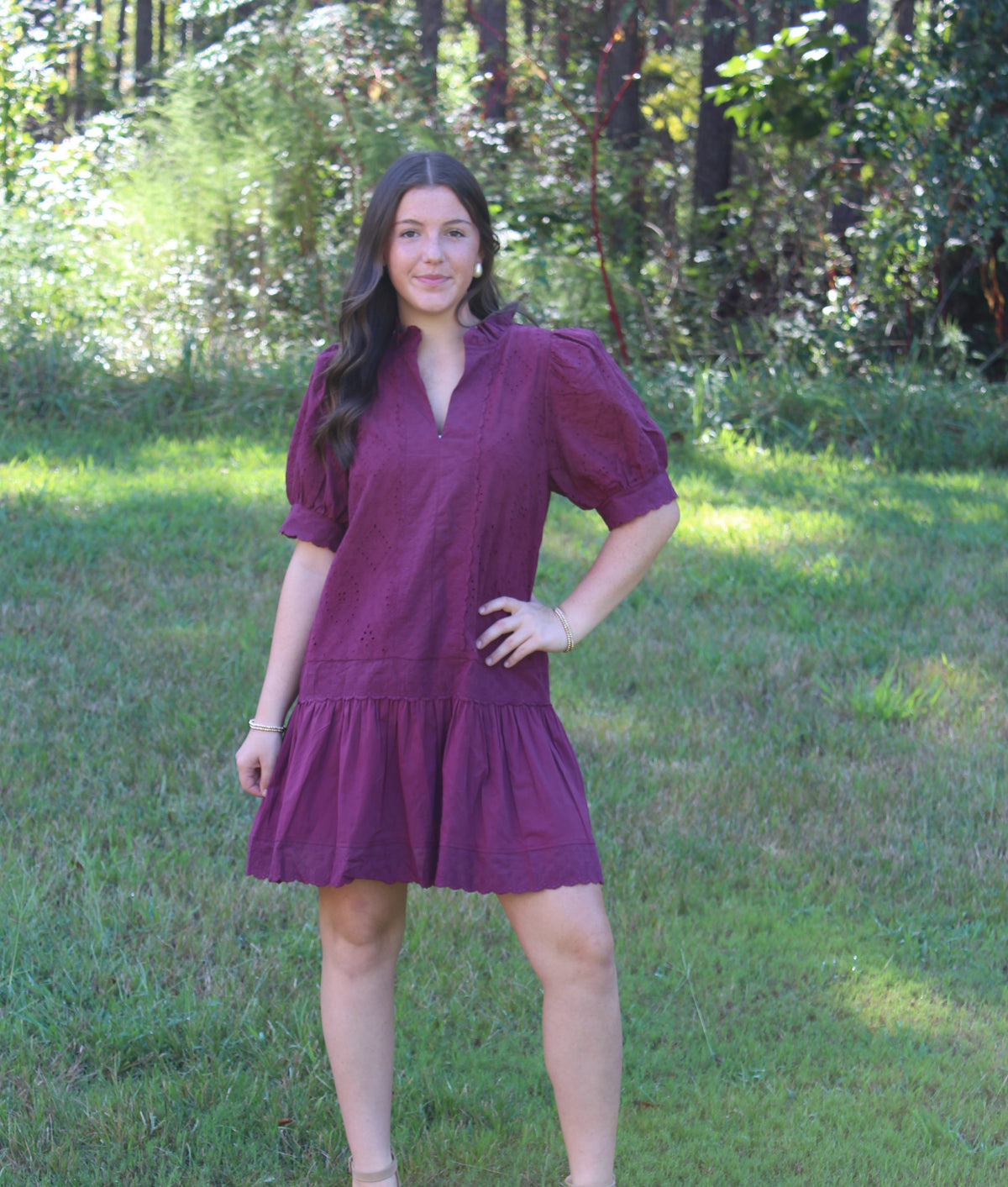 Wine Puffed Sleeve Dress
