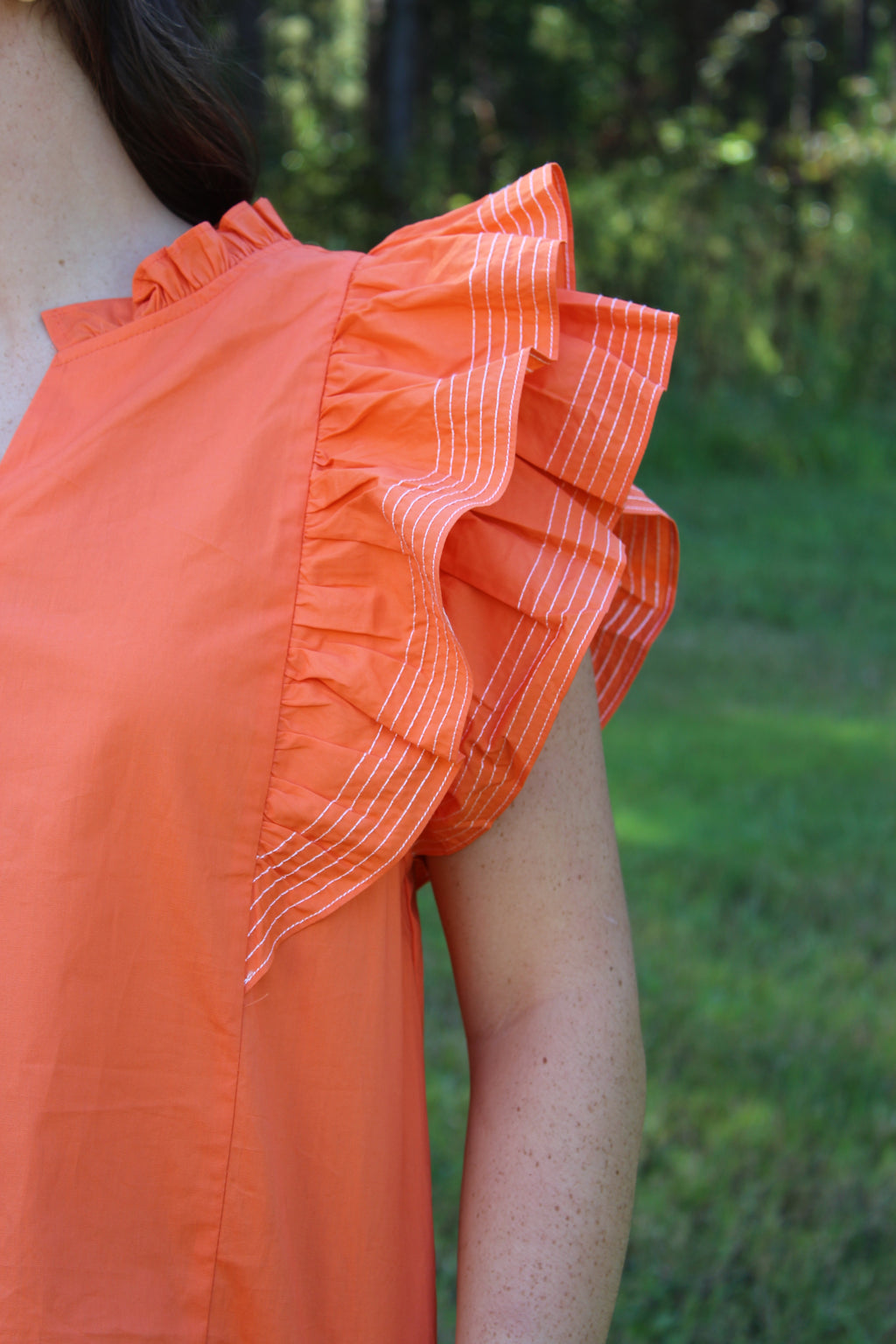 Game-Day Ruffle Sleeve Stich Detail Woven Top