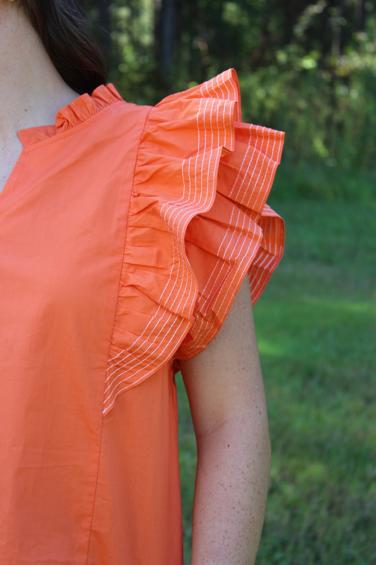 Game-Day Ruffle Sleeve Stich Detail Woven Top