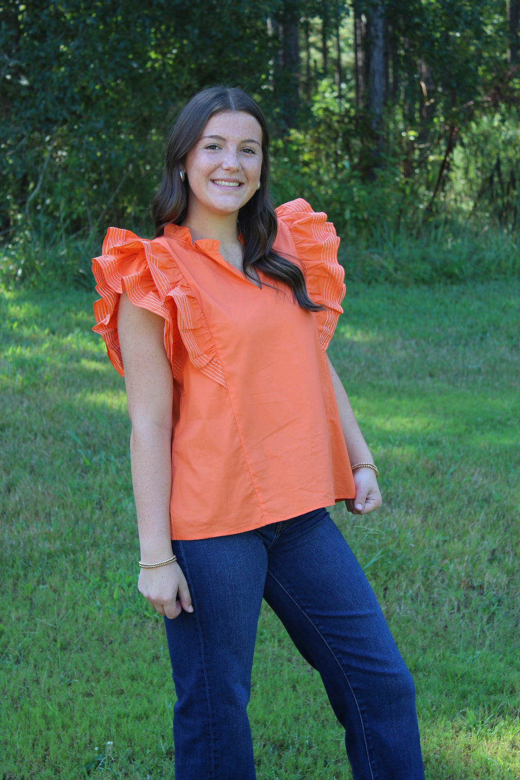 Game-Day Ruffle Sleeve Stich Detail Woven Top