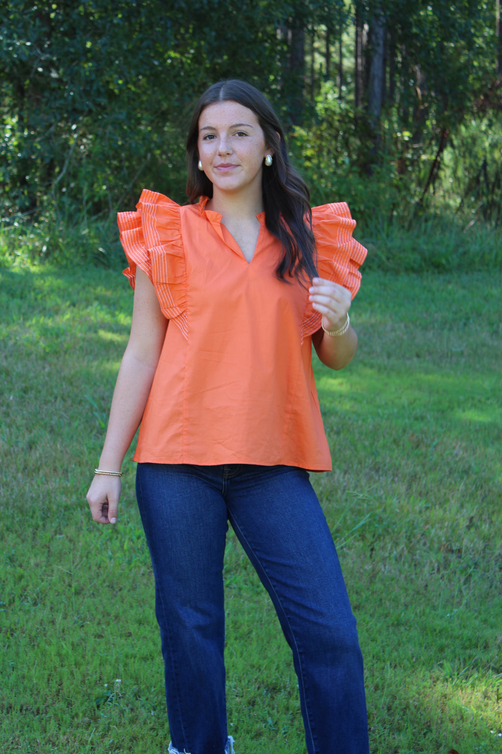 Game-Day Ruffle Sleeve Stich Detail Woven Top