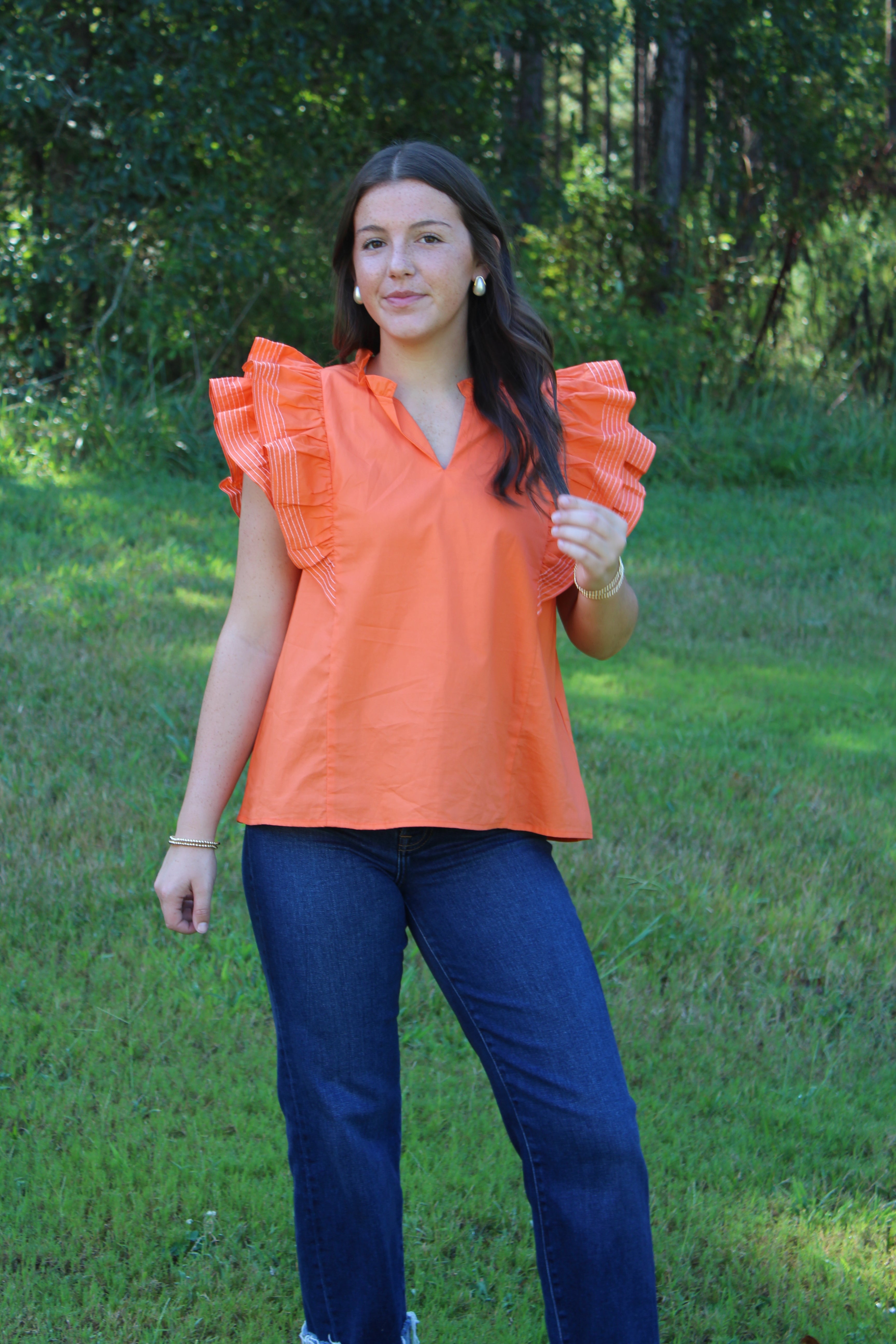 Game-Day Ruffle Sleeve Stich Detail Woven Top