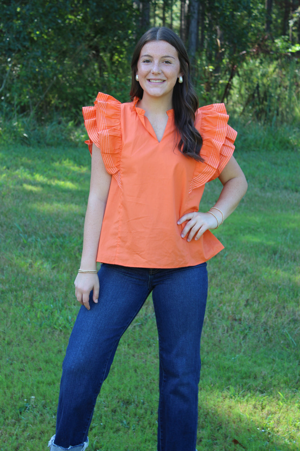 Game-Day Ruffle Sleeve Stich Detail Woven Top