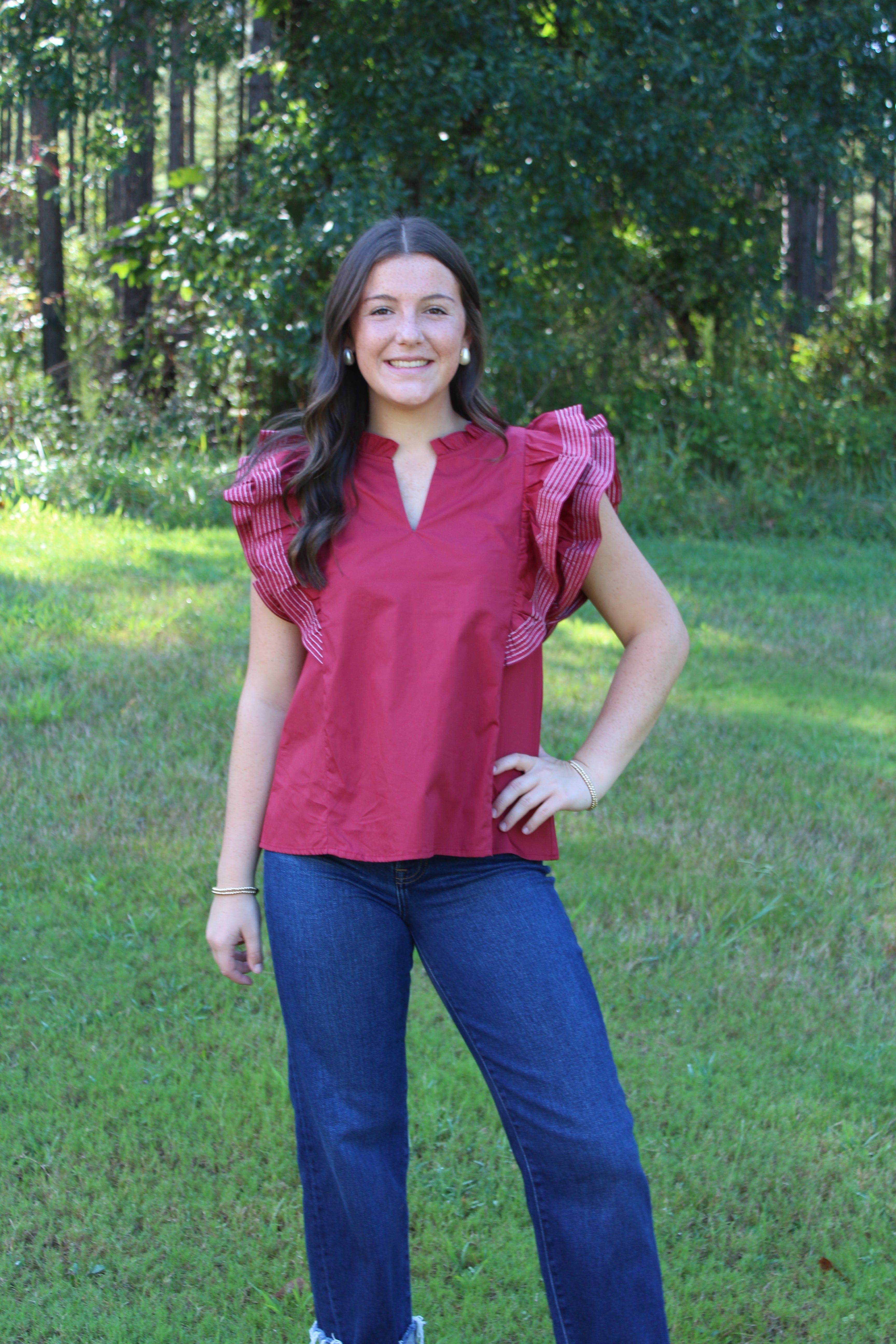 Game-Day Ruffle Sleeve Stitch Detail Blouse