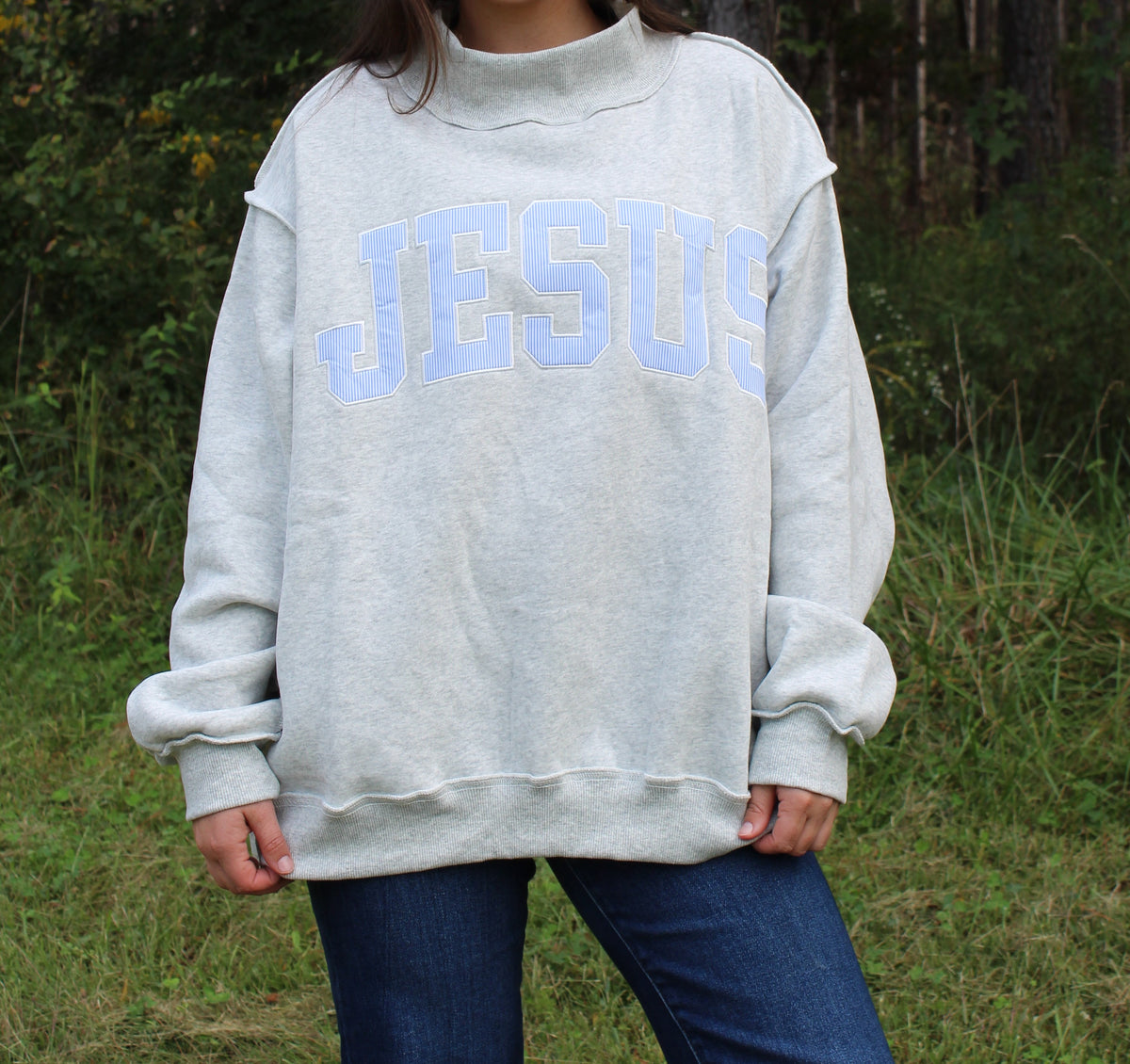 JESUS- Blue Striped Mock Neck