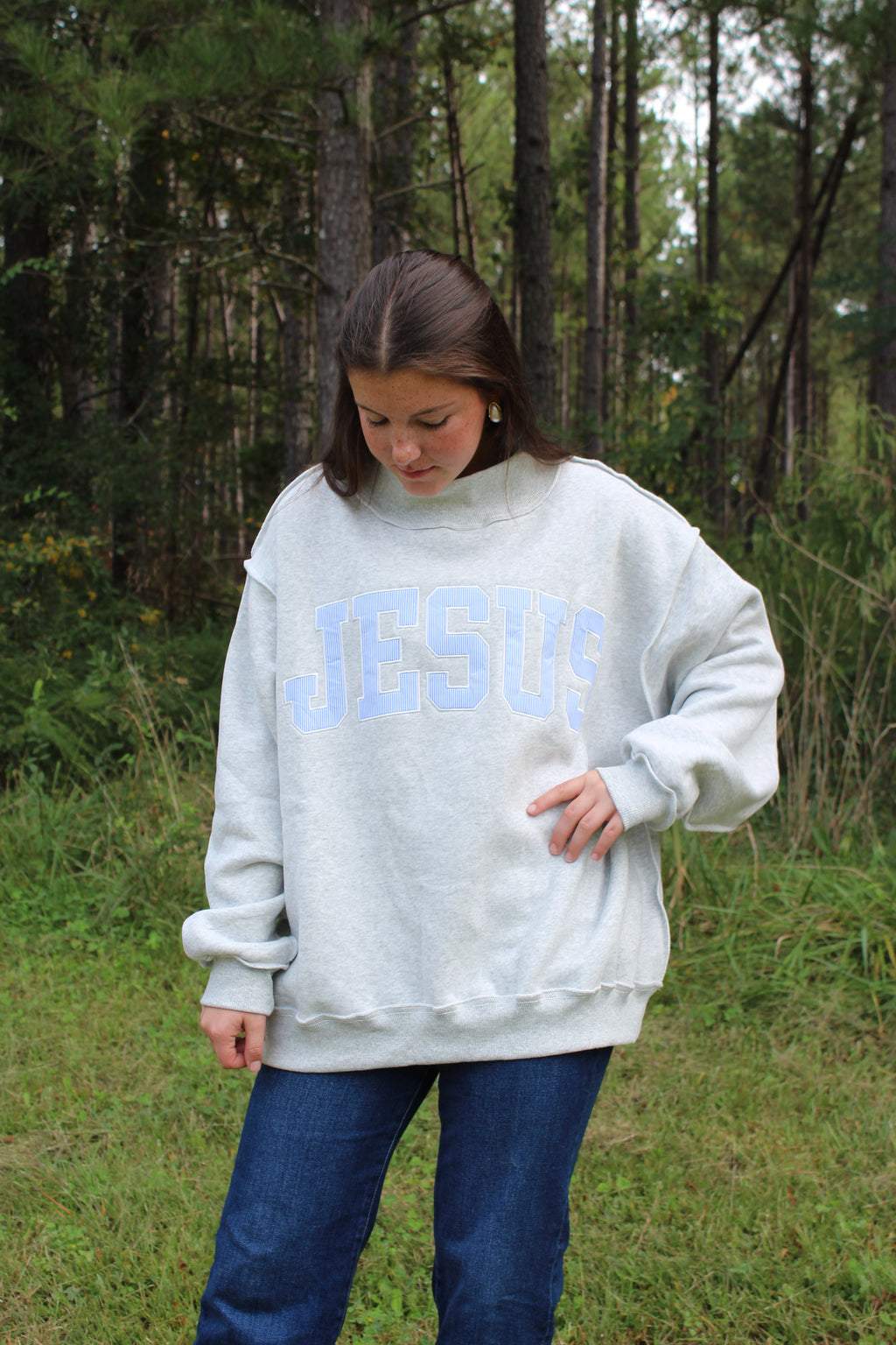 JESUS- Blue Striped Mock Neck