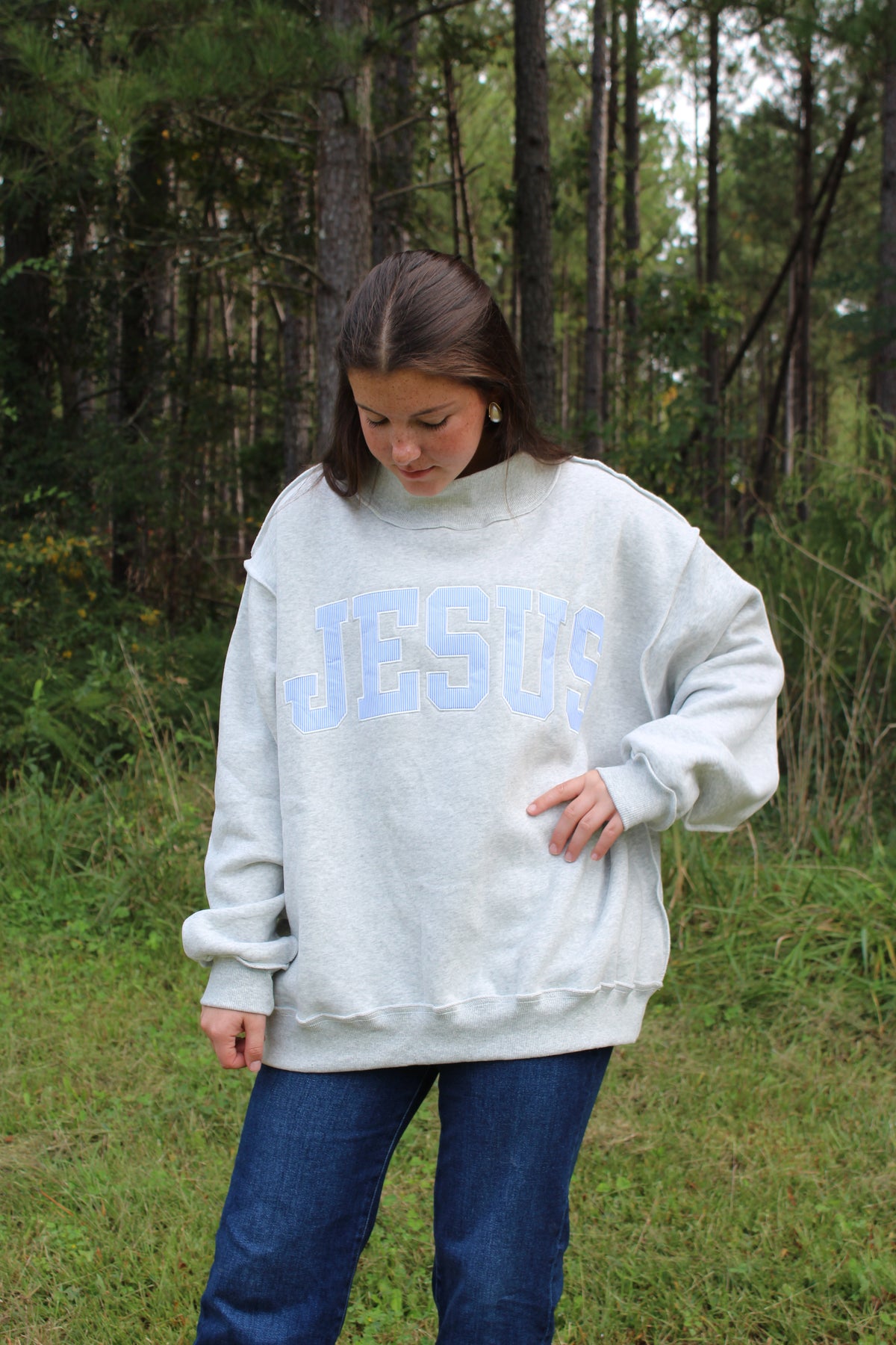 JESUS- Blue Striped Mock Neck