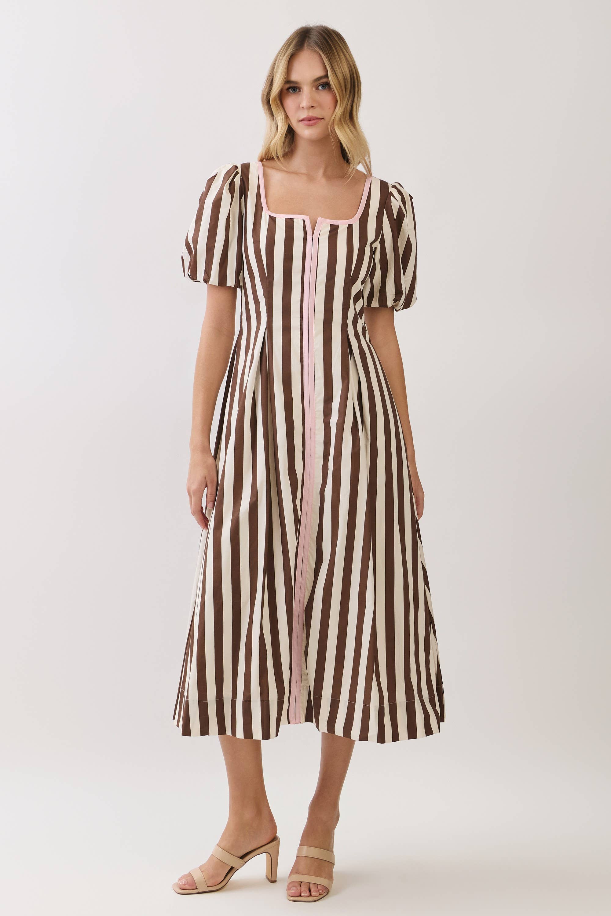 TCEC Striped Square Neck Puff Sleeve Midi Dress