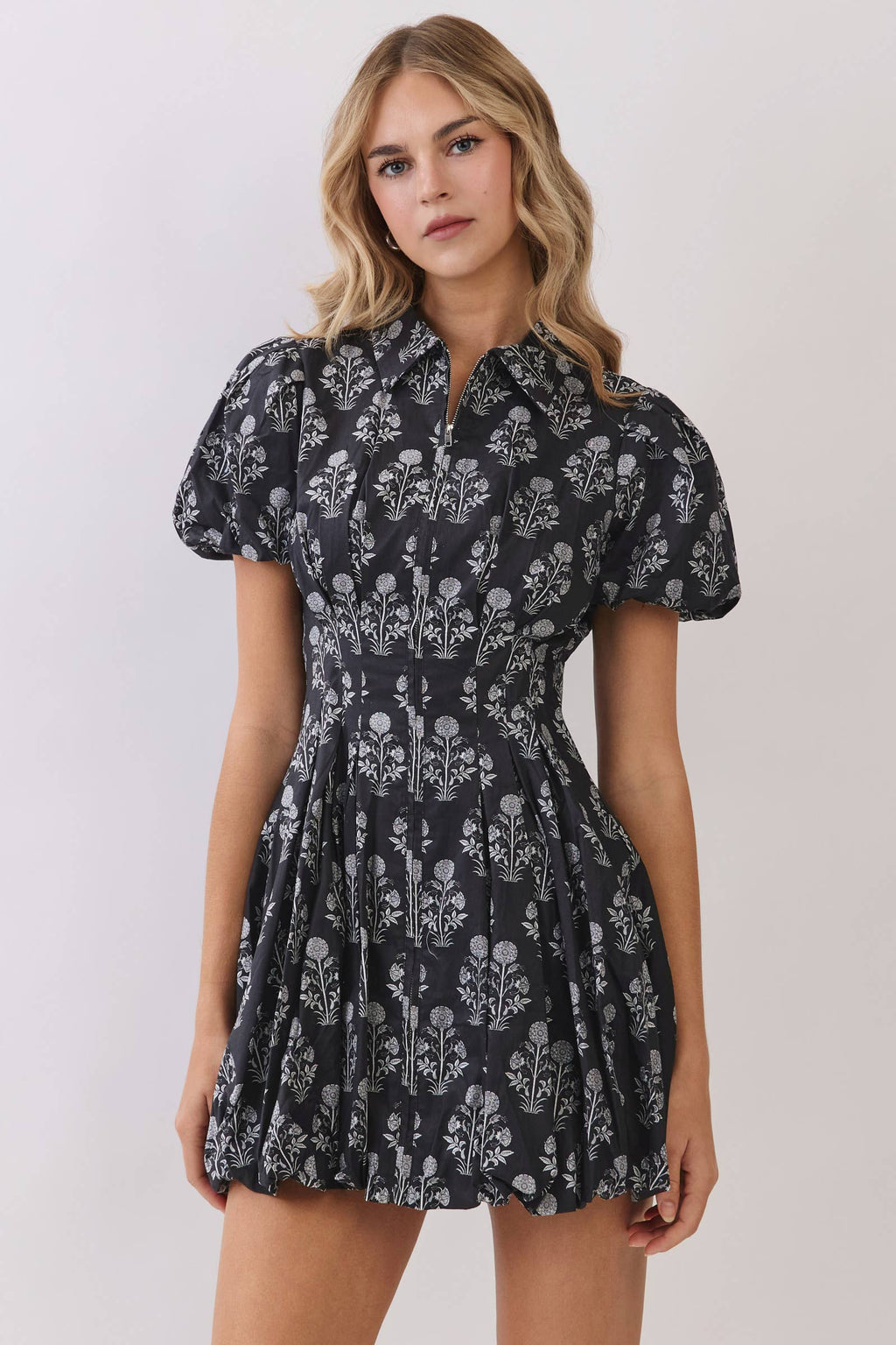 TCEC-Floral Print Puff Sleeve Bubble Hem Mini Dress