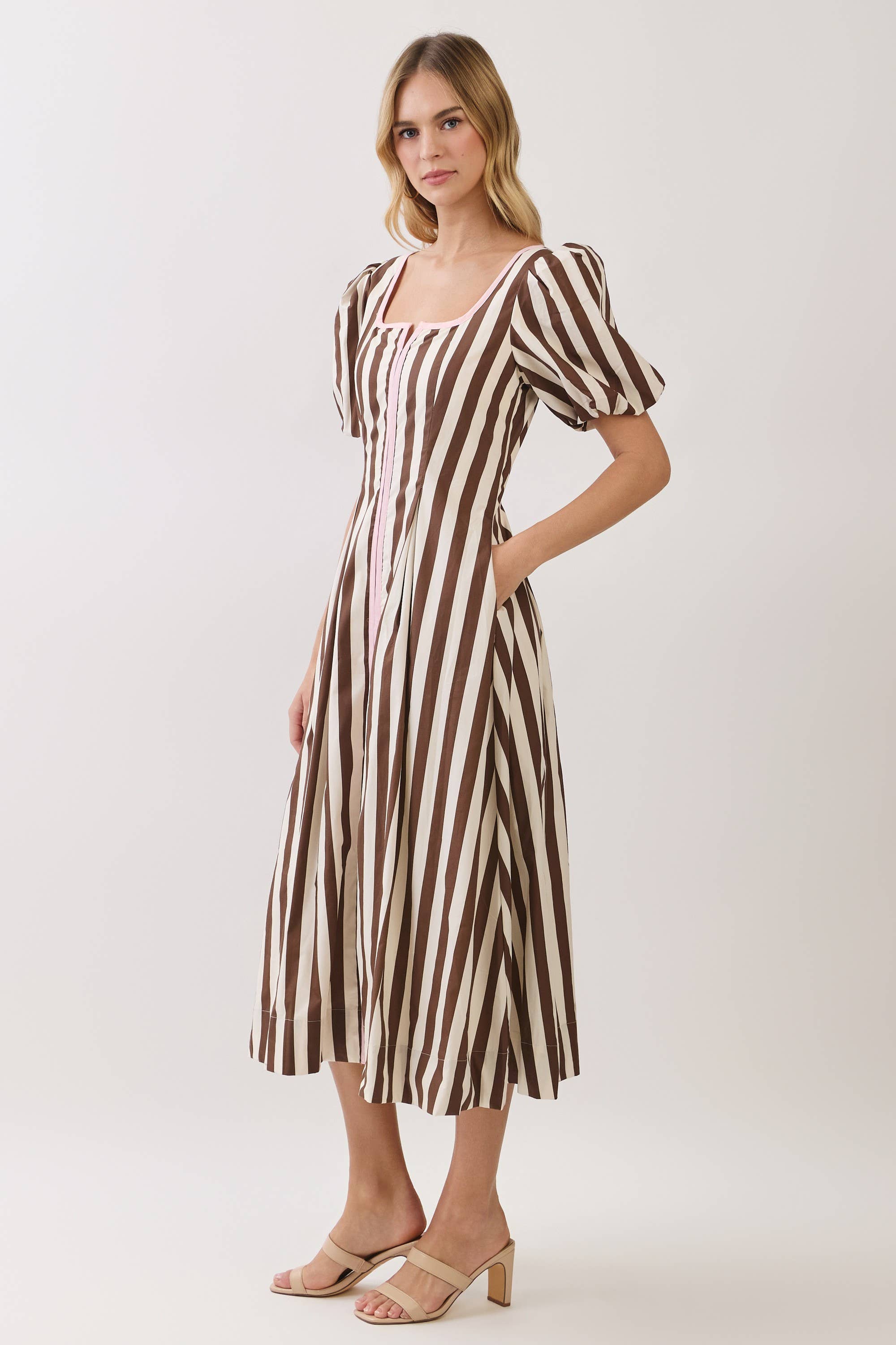 TCEC Striped Square Neck Puff Sleeve Midi Dress