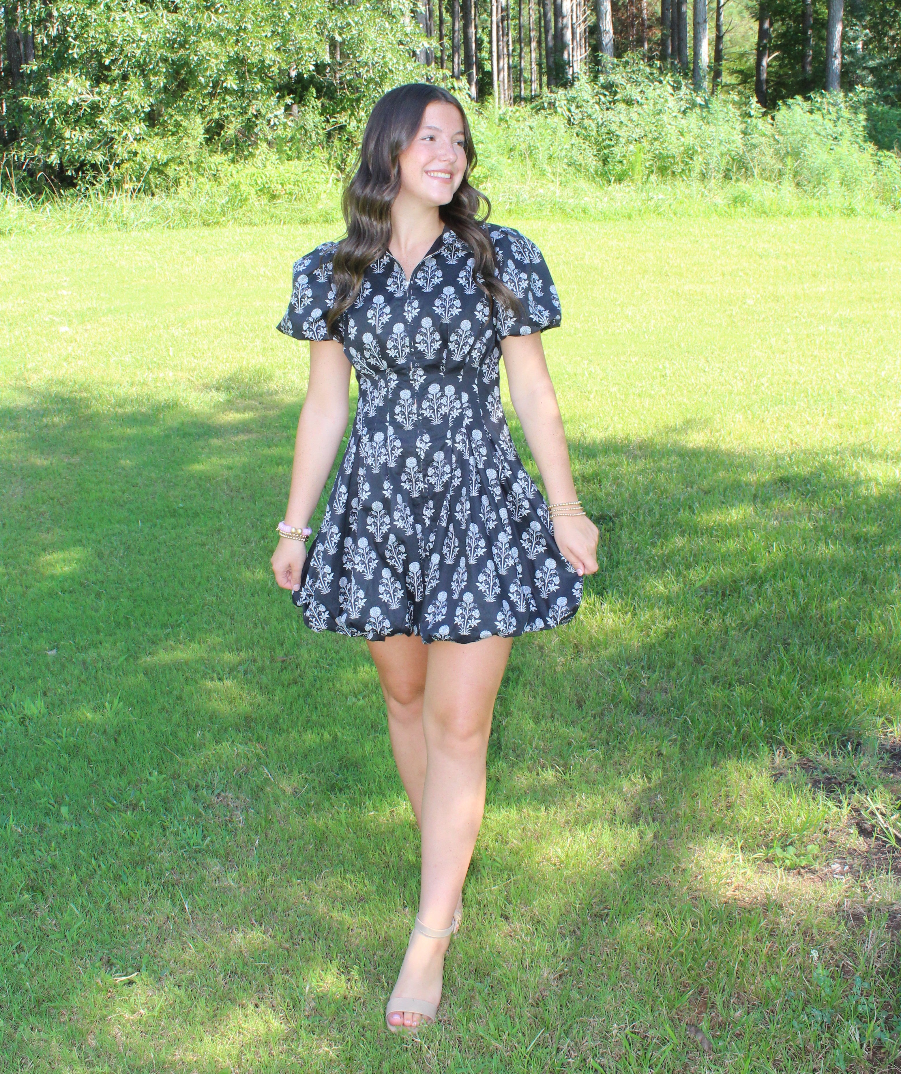 TCEC-Floral Print Puff Sleeve Bubble Hem Mini Dress