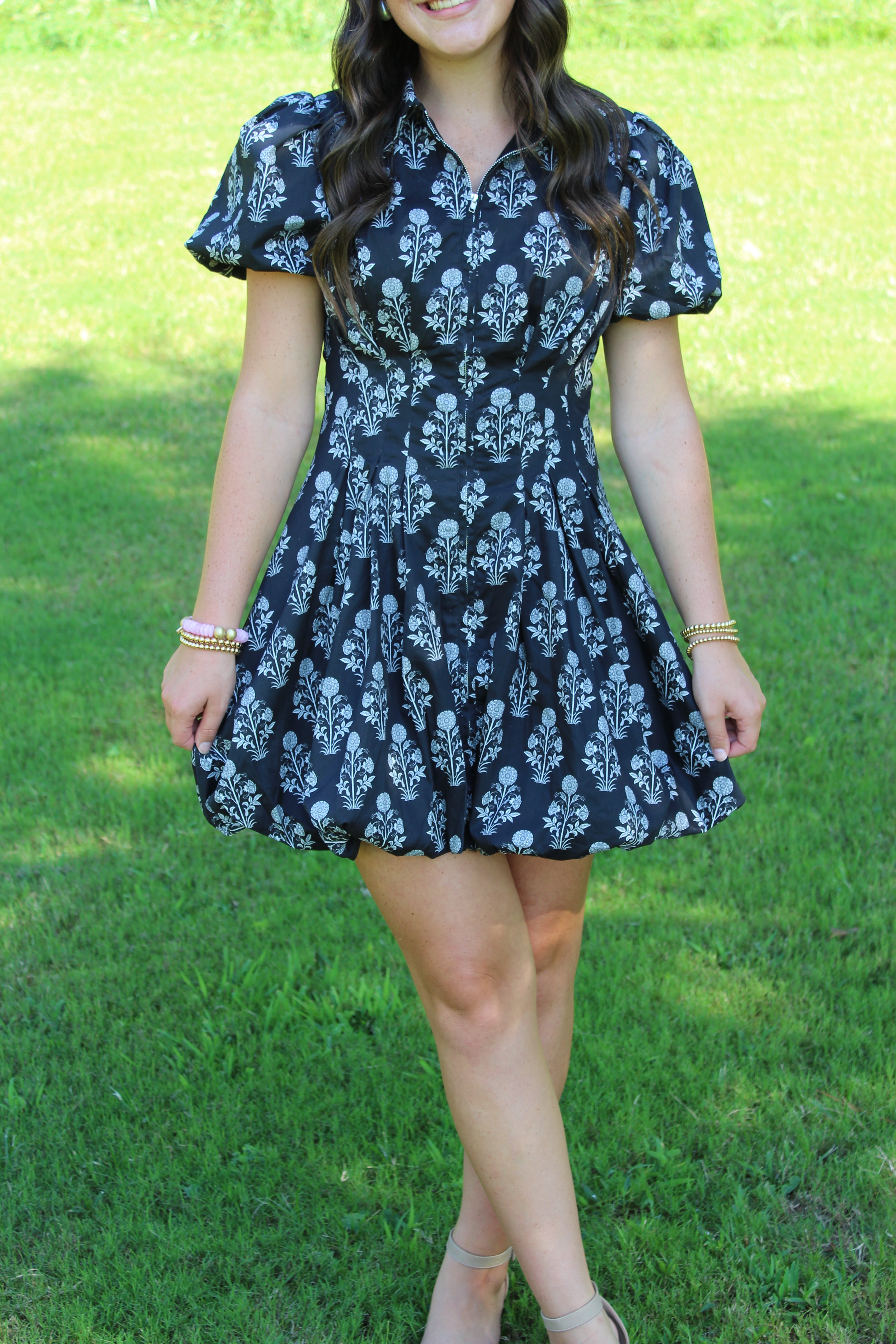 TCEC-Floral Print Puff Sleeve Bubble Hem Mini Dress