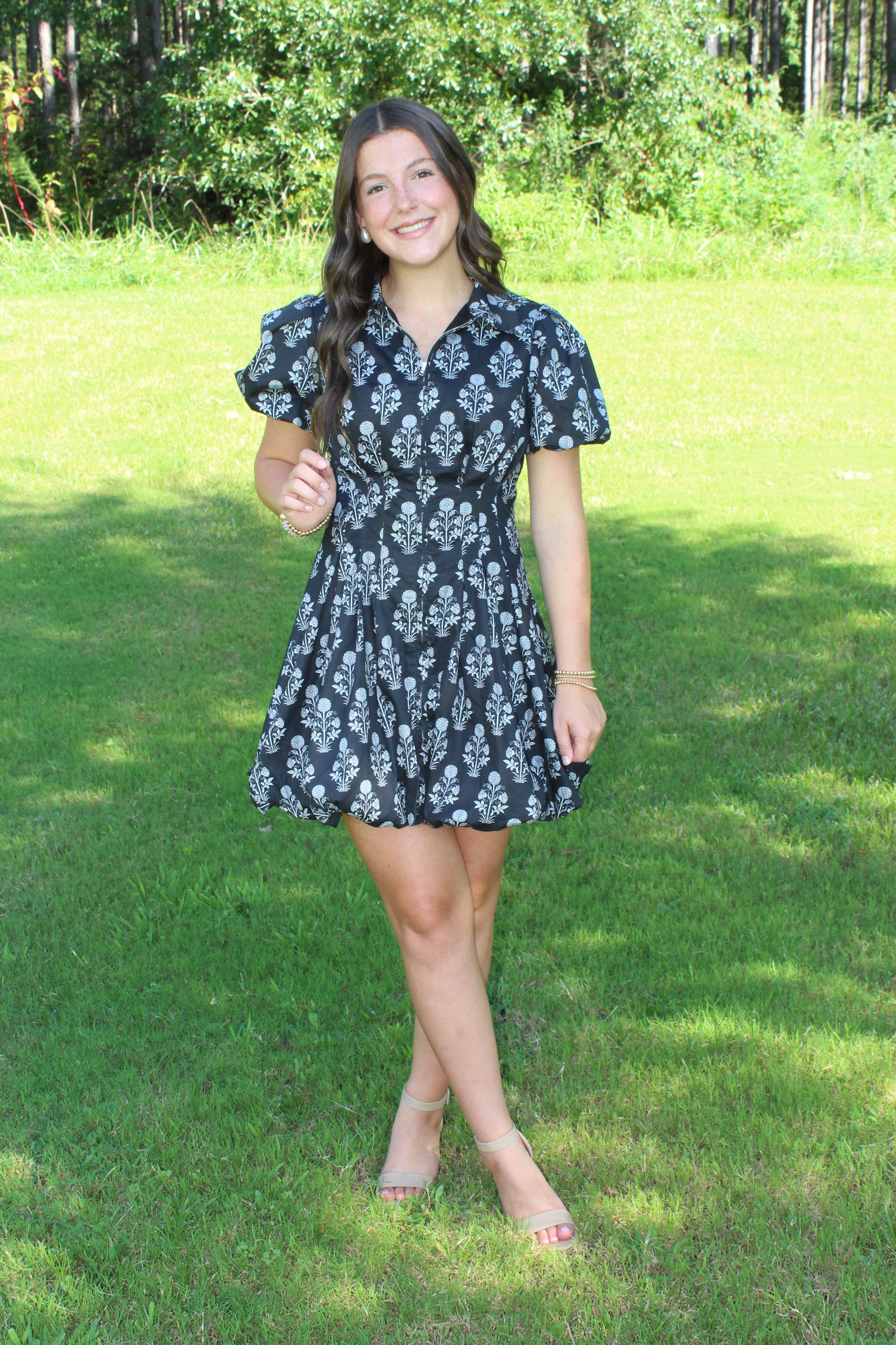 TCEC-Floral Print Puff Sleeve Bubble Hem Mini Dress