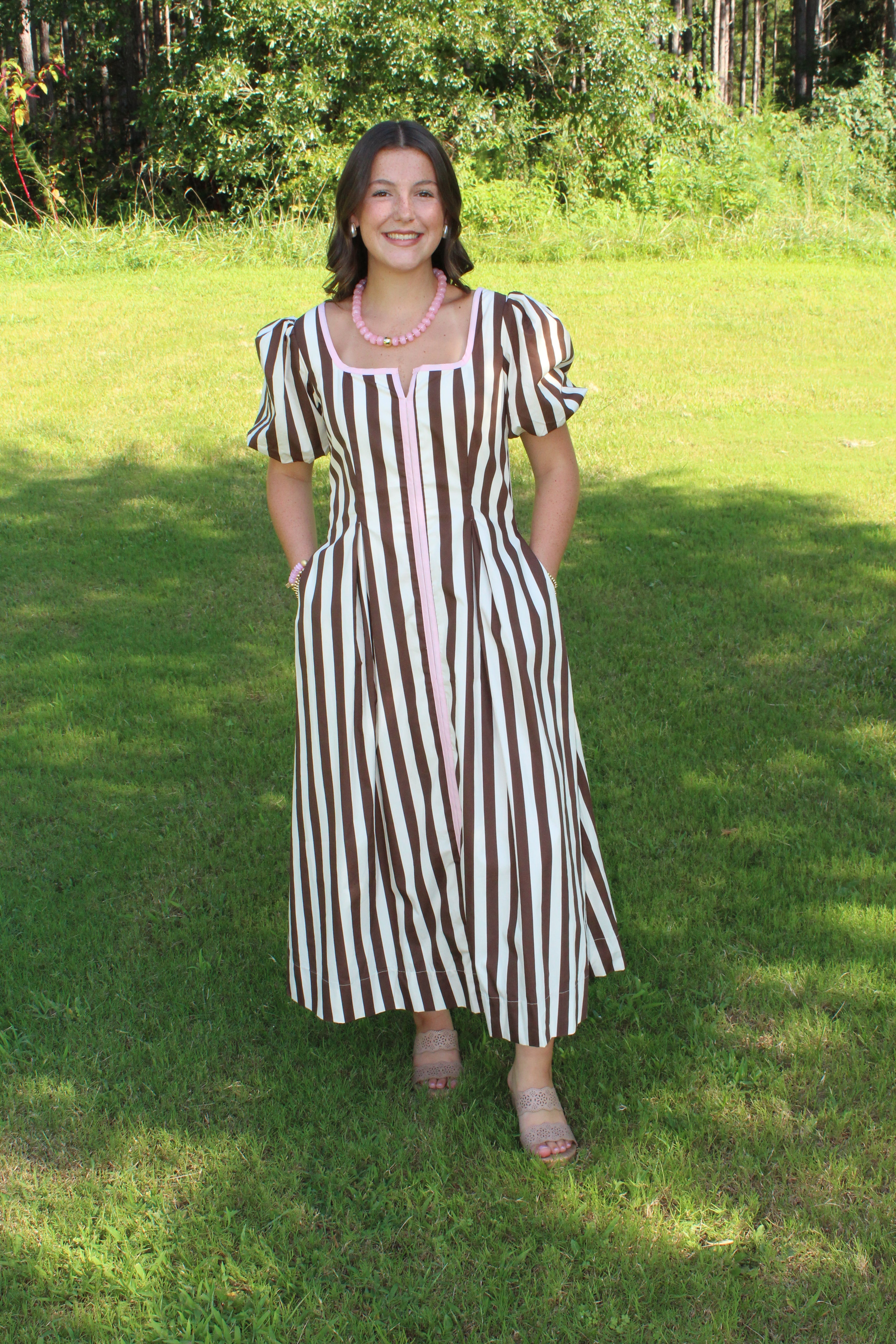 TCEC Striped Square Neck Puff Sleeve Midi Dress