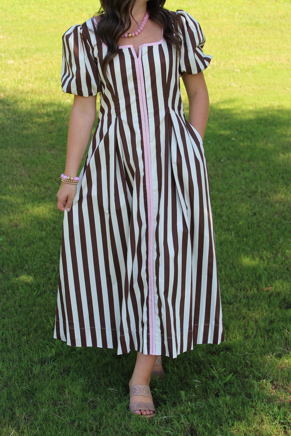 TCEC Striped Square Neck Puff Sleeve Midi Dress