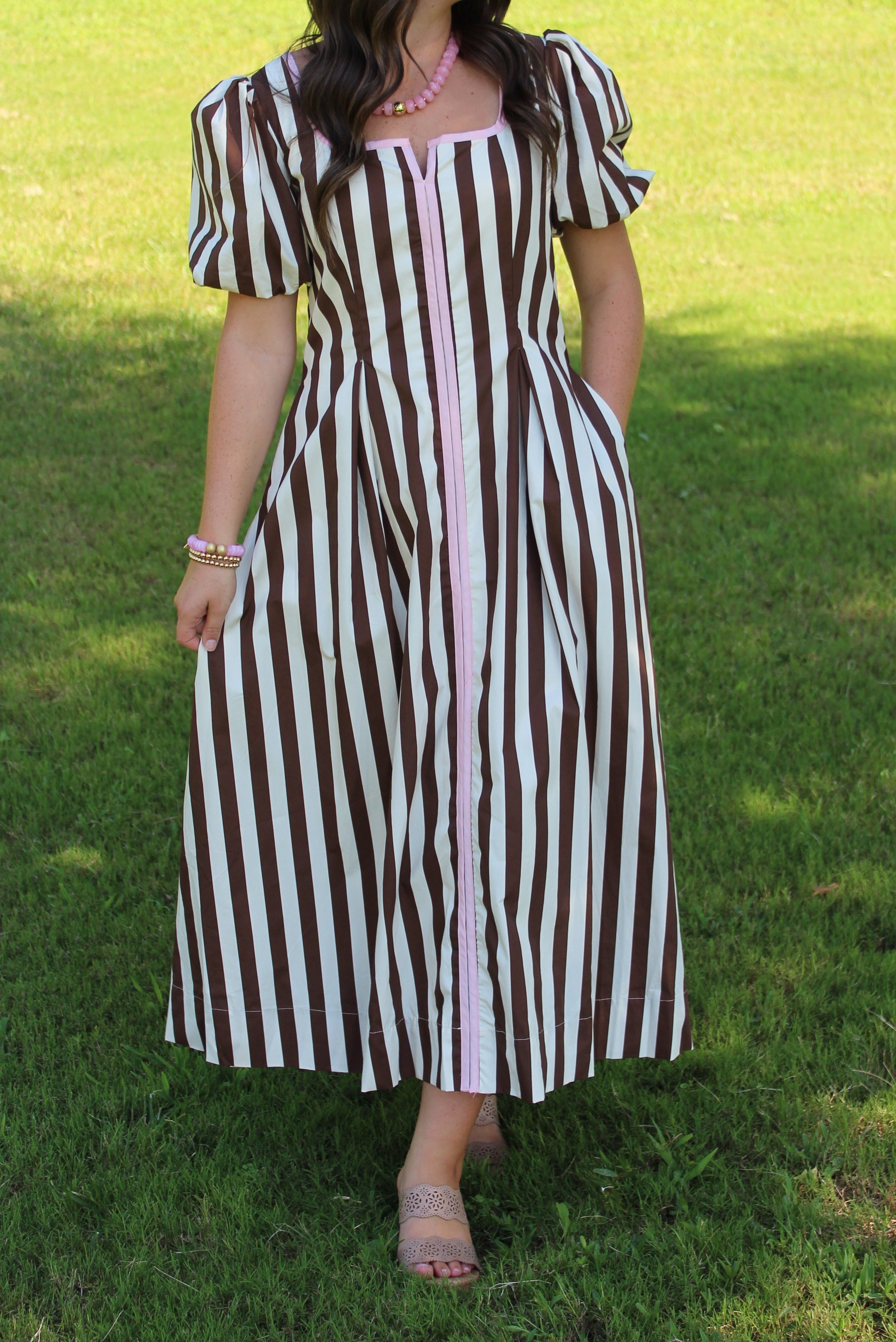 TCEC Striped Square Neck Puff Sleeve Midi Dress