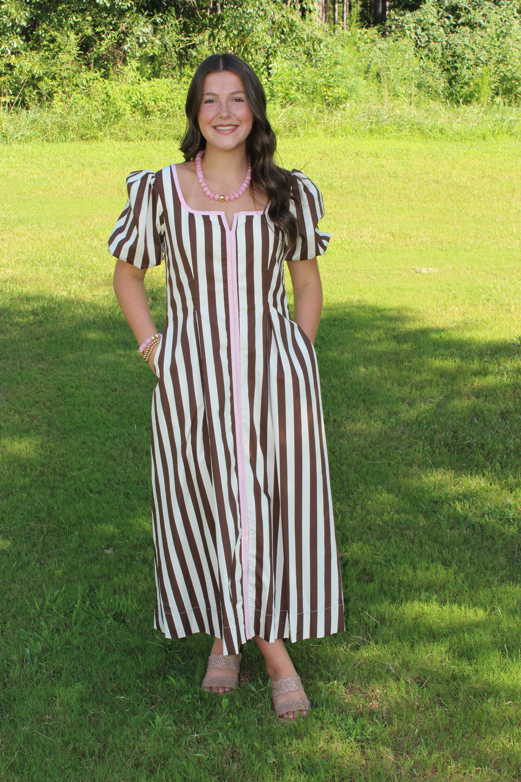 TCEC Striped Square Neck Puff Sleeve Midi Dress