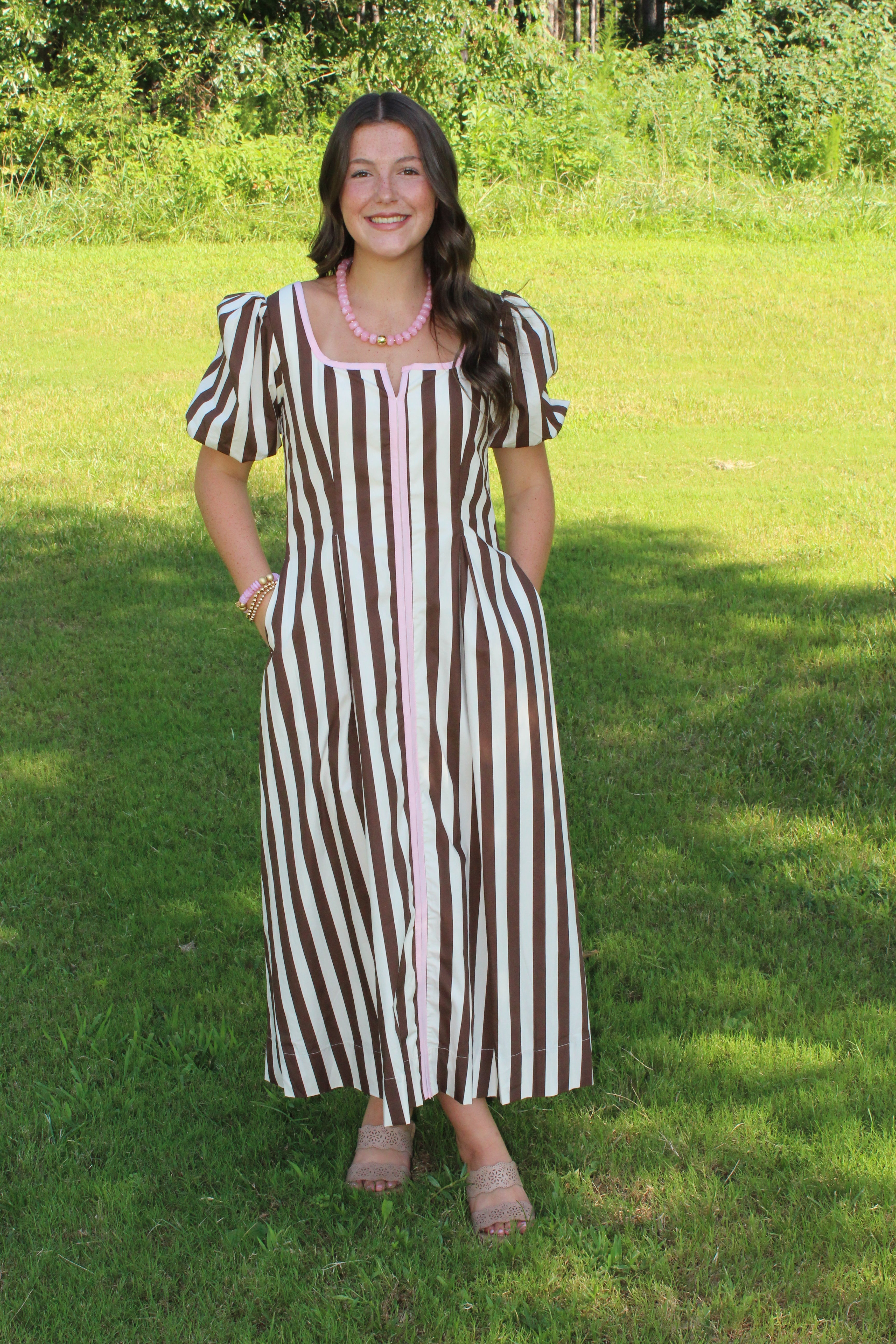 TCEC Striped Square Neck Puff Sleeve Midi Dress