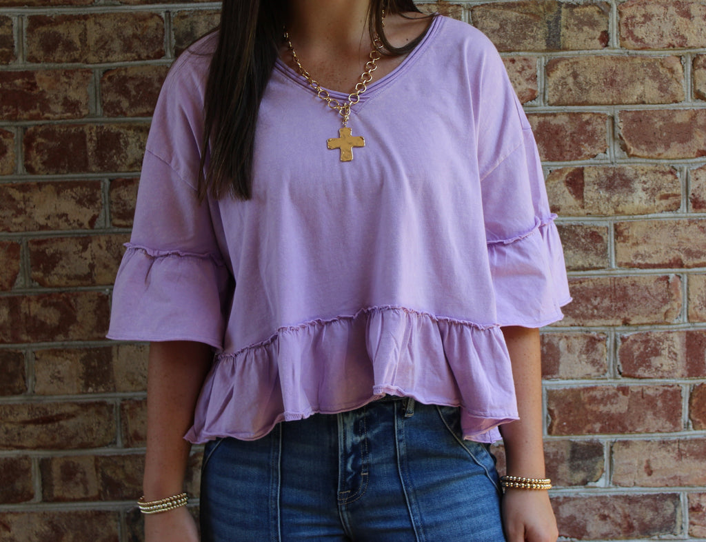 VERY J-Mineral Washed Ruffle Detail Knit Top