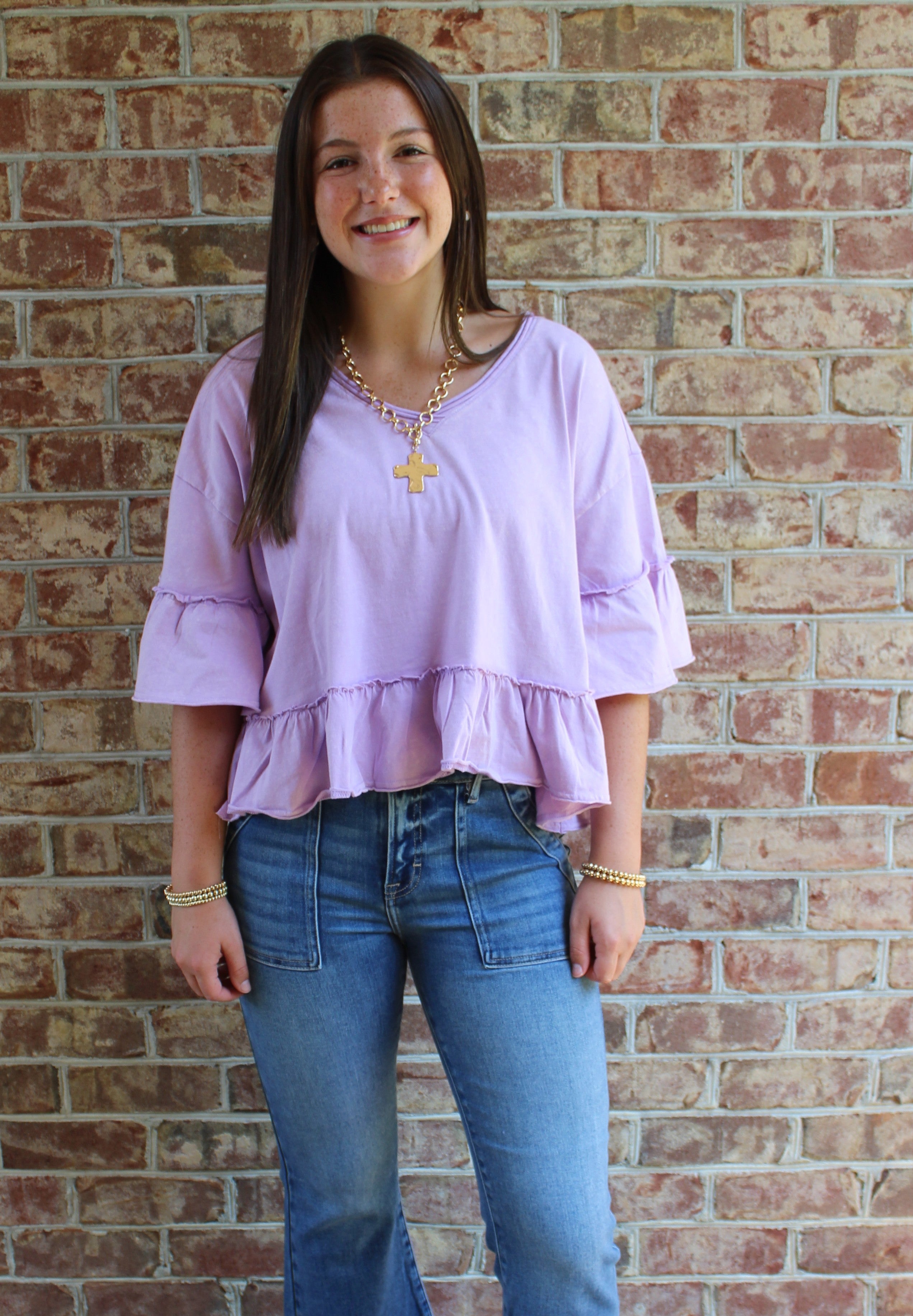 VERY J-Mineral Washed Ruffle Detail Knit Top