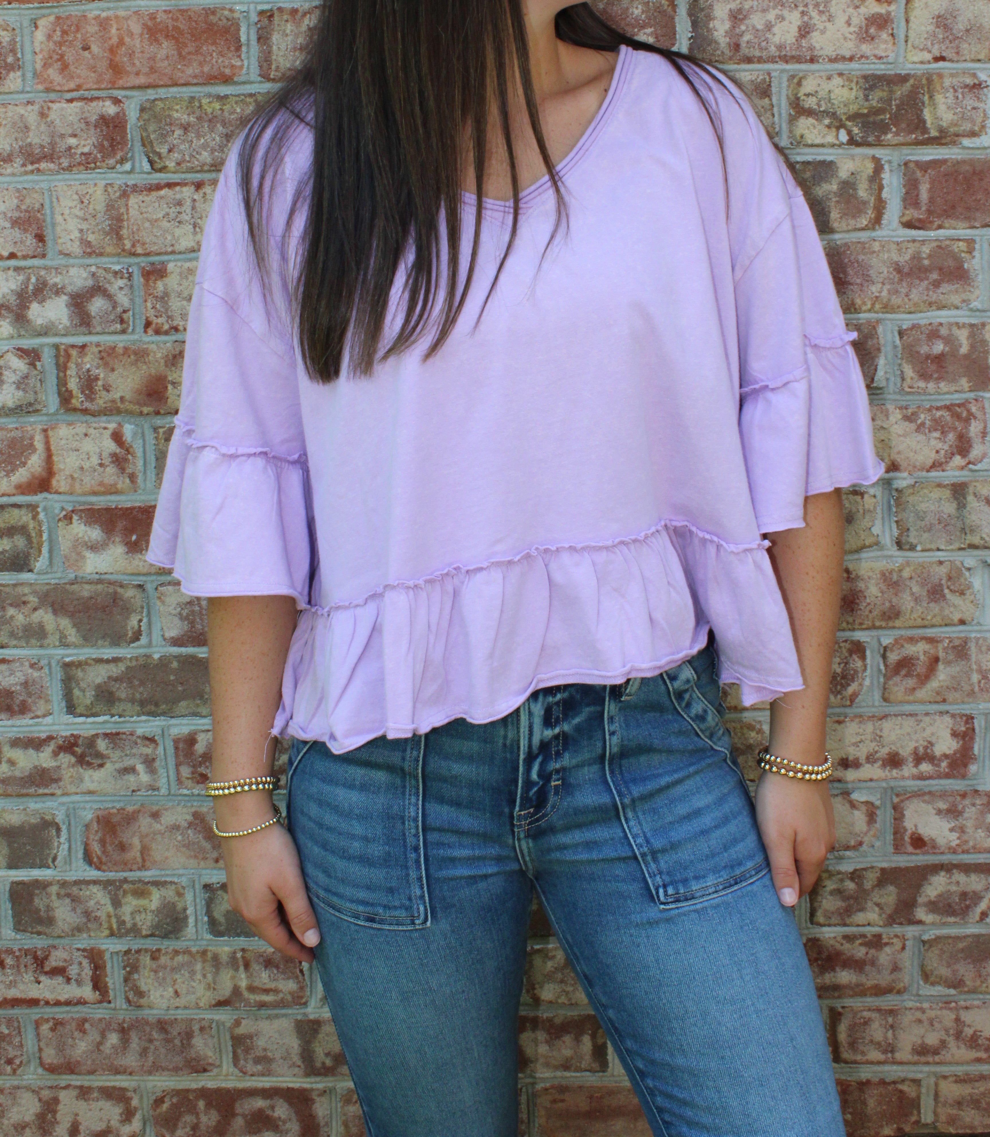 VERY J-Mineral Washed Ruffle Detail Knit Top