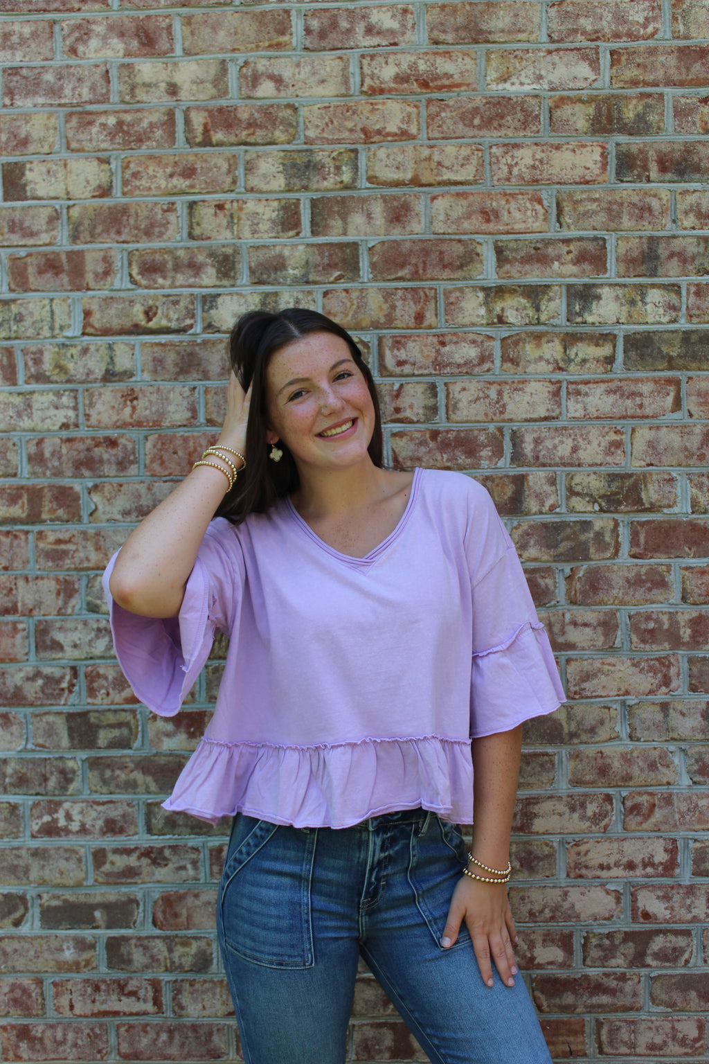 VERY J-Mineral Washed Ruffle Detail Knit Top