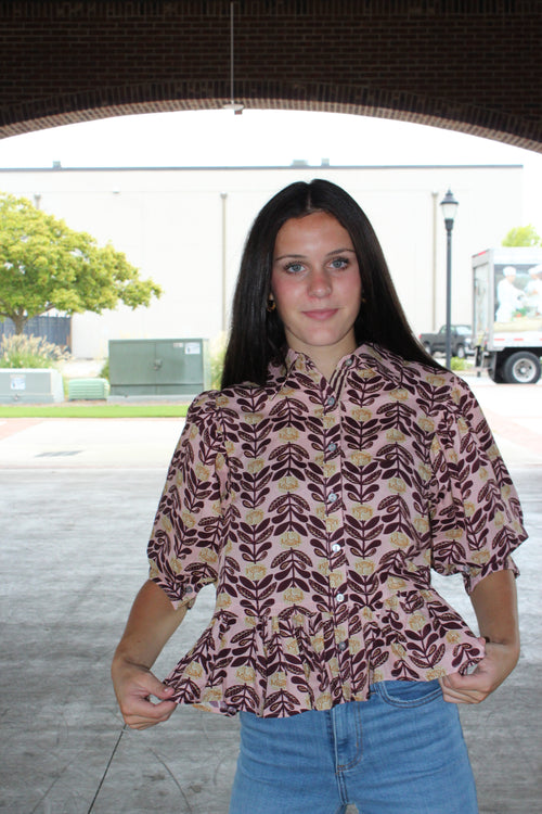ENTRO- Blush Floral Print Blouse