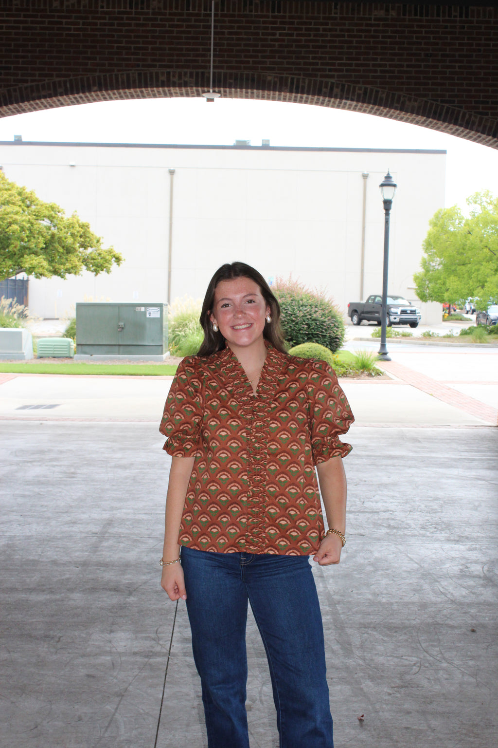 ENTRO- Brown Geometric Print Blouse