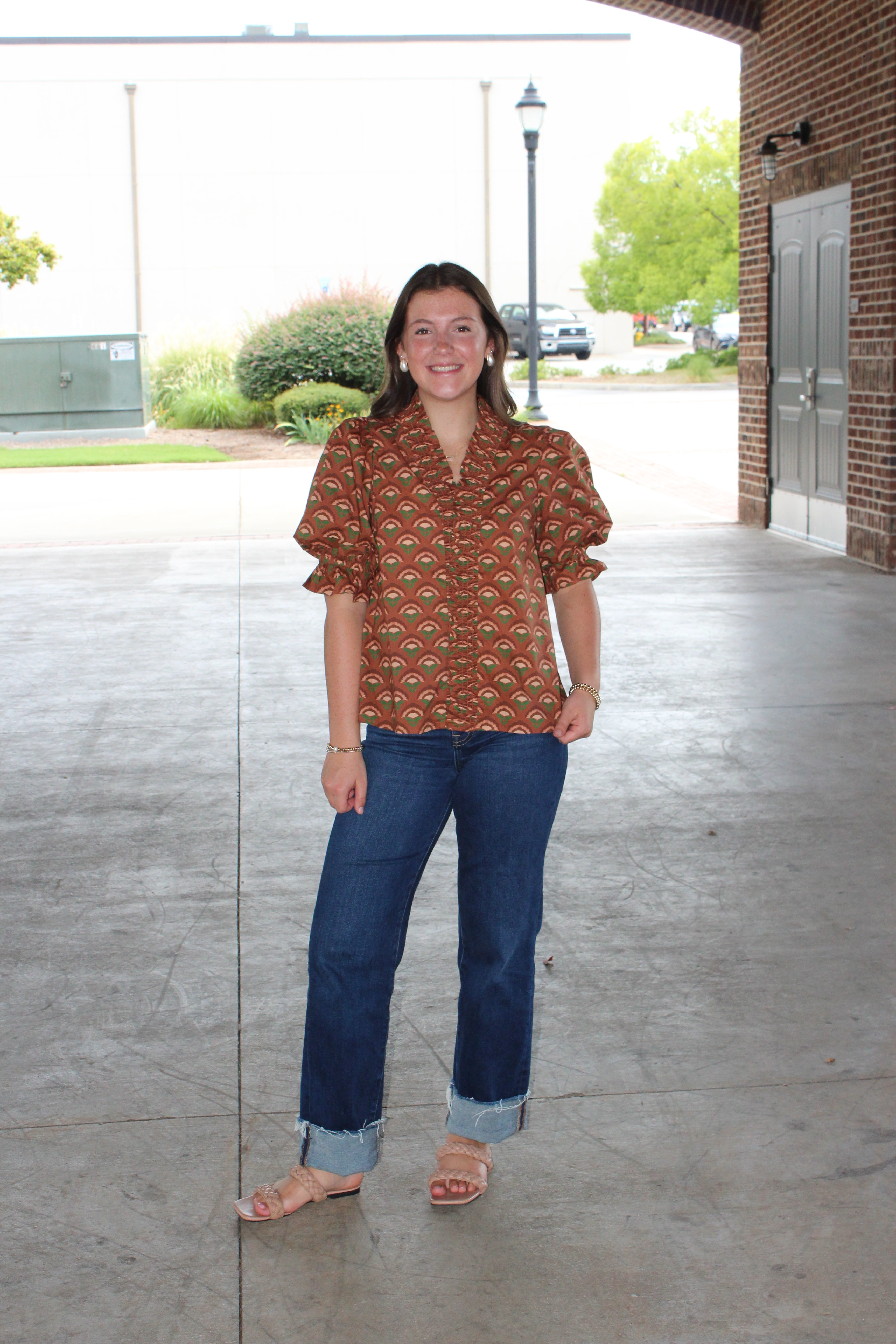 ENTRO- Brown Geometric Print Blouse