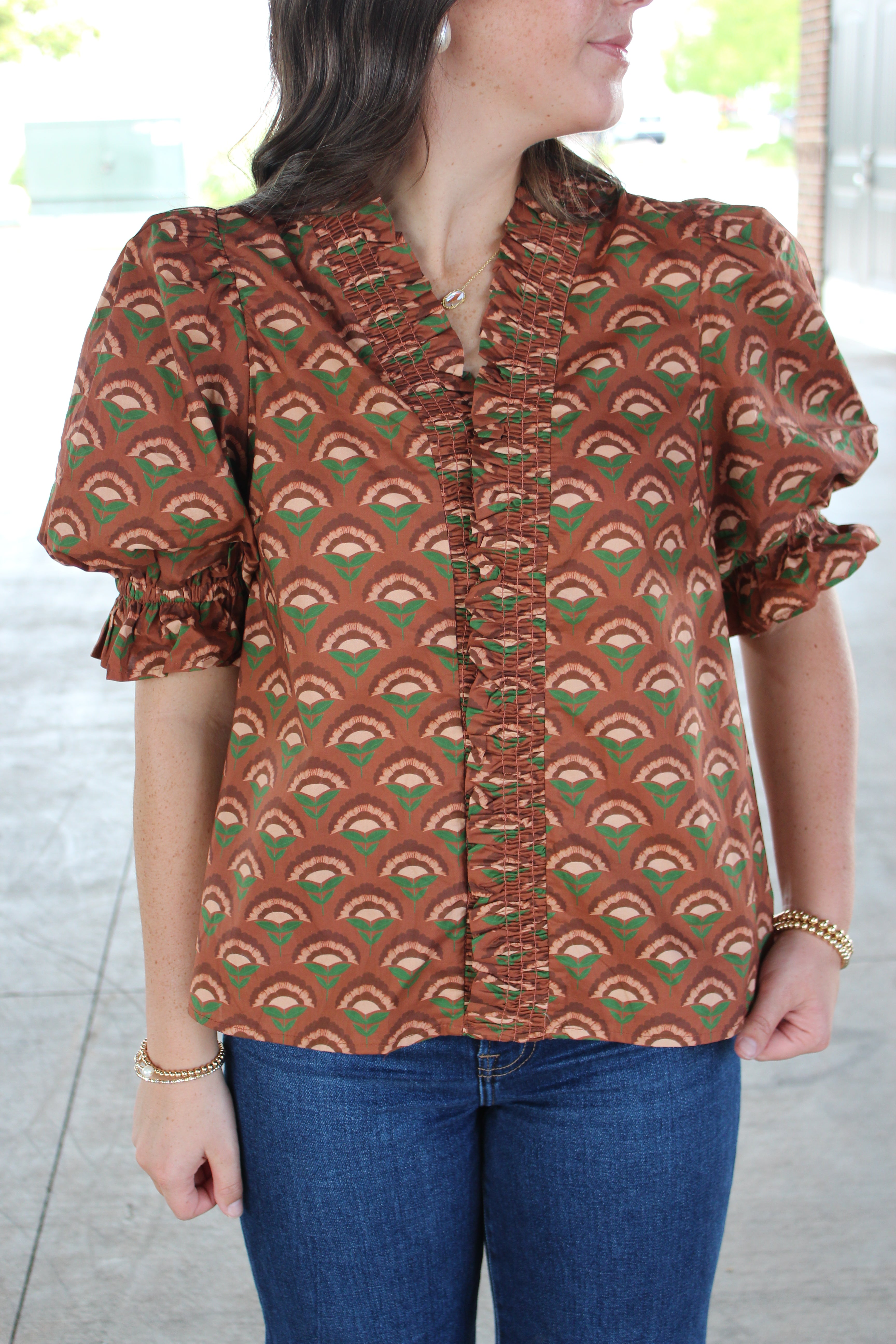 ENTRO- Brown Geometric Print Blouse
