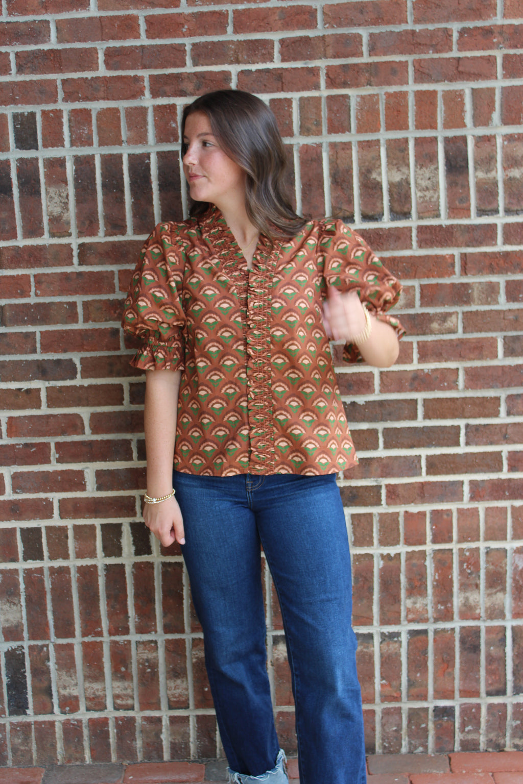 ENTRO- Brown Geometric Print Blouse