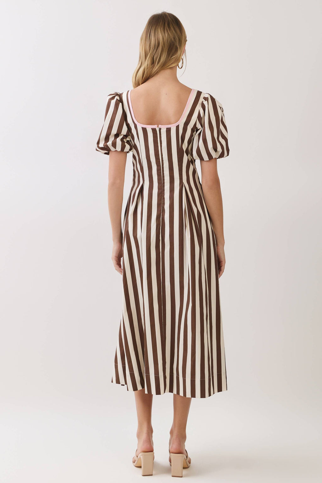 TCEC Striped Square Neck Puff Sleeve Midi Dress