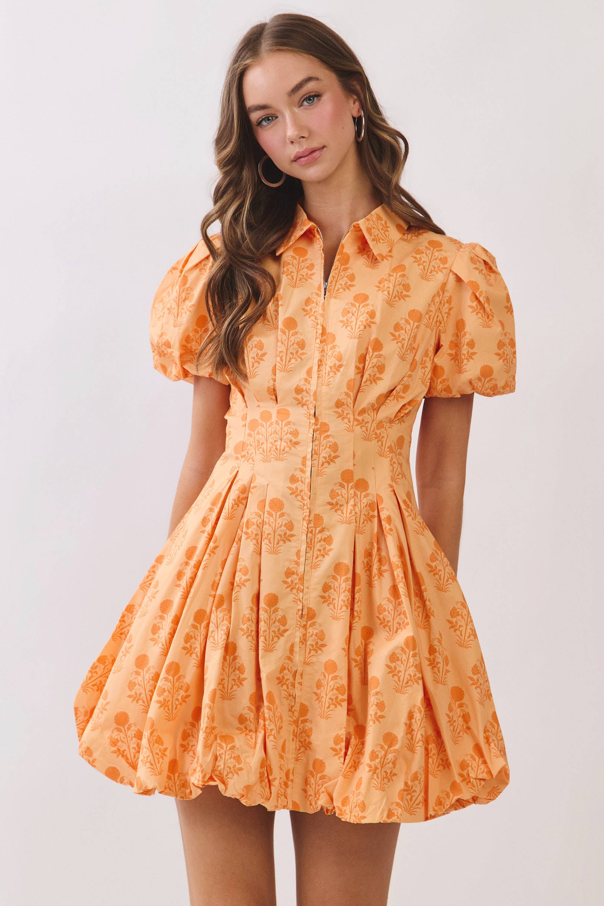 TCEC-Floral Print Puff Sleeve Bubble Hem Mini Dress