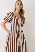 TCEC Striped Square Neck Puff Sleeve Midi Dress