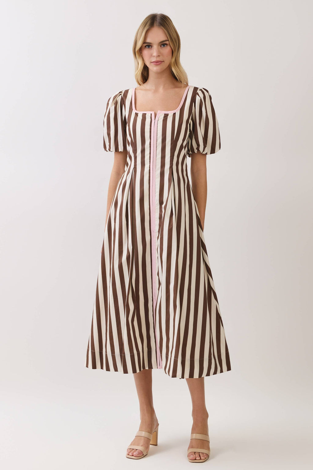 TCEC Striped Square Neck Puff Sleeve Midi Dress