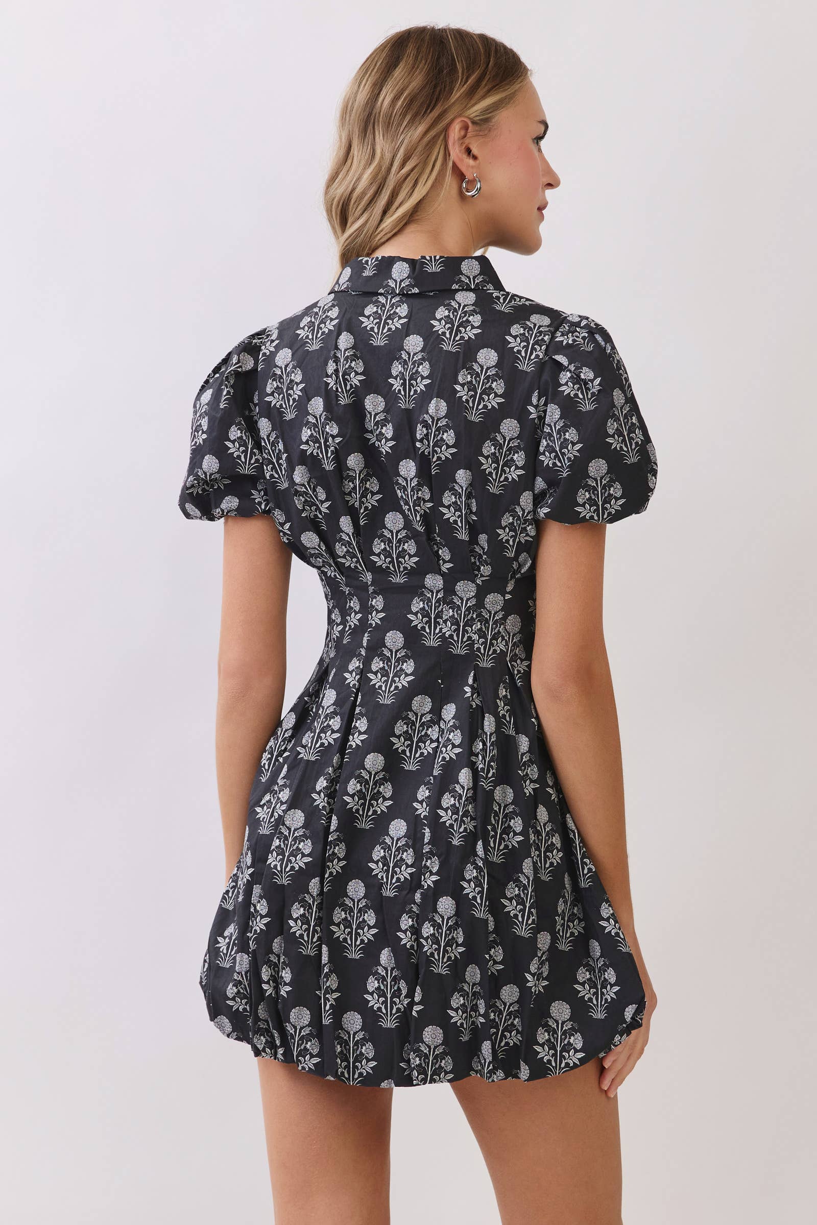 TCEC-Floral Print Puff Sleeve Bubble Hem Mini Dress