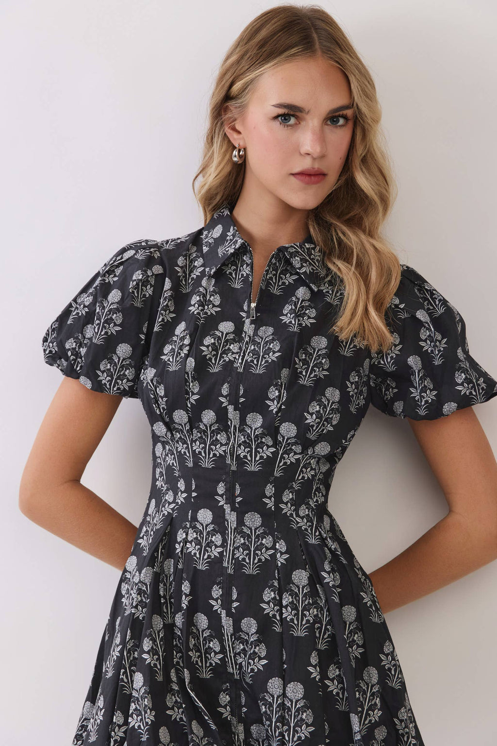 TCEC-Floral Print Puff Sleeve Bubble Hem Mini Dress