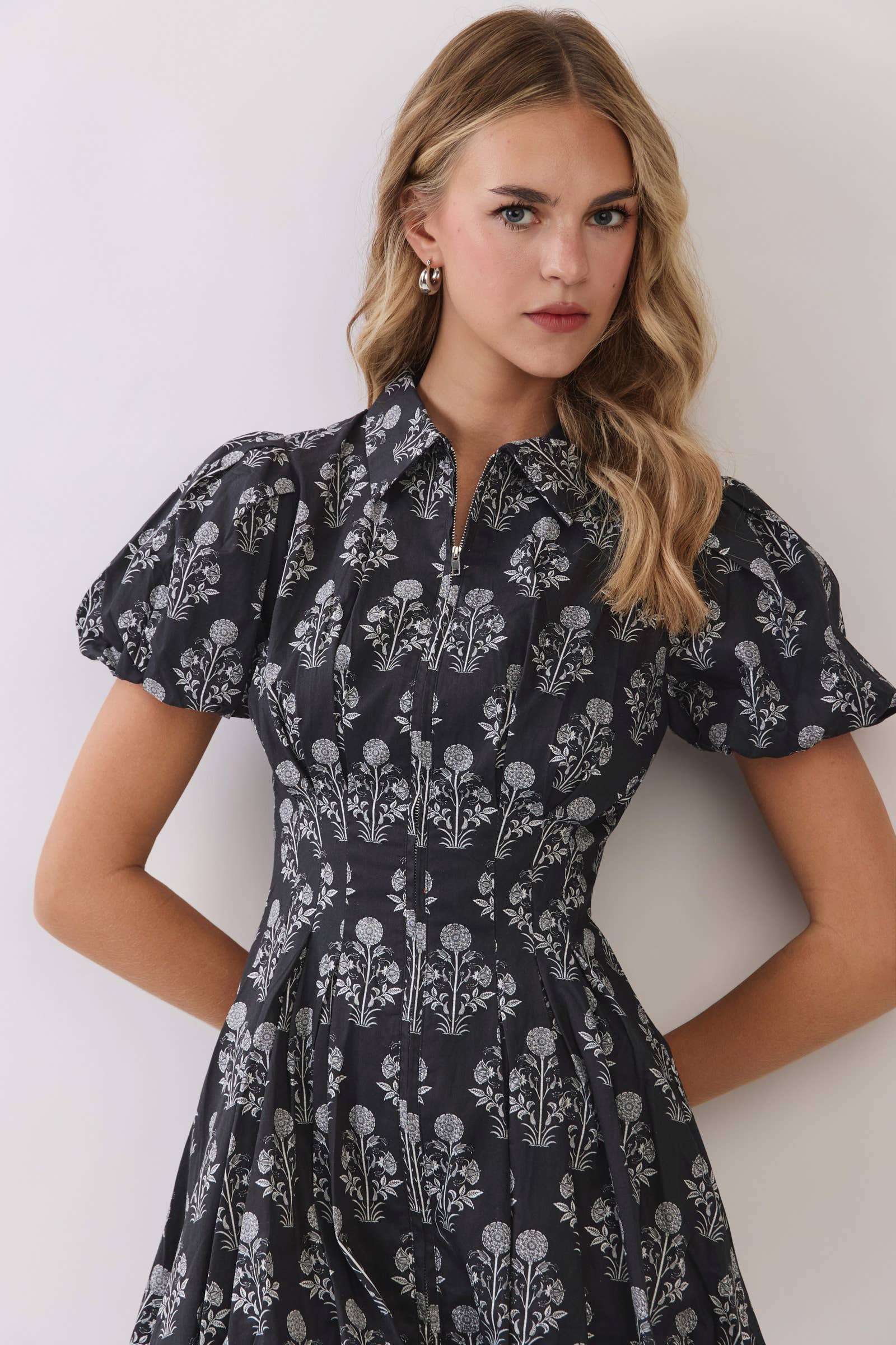 TCEC-Floral Print Puff Sleeve Bubble Hem Mini Dress